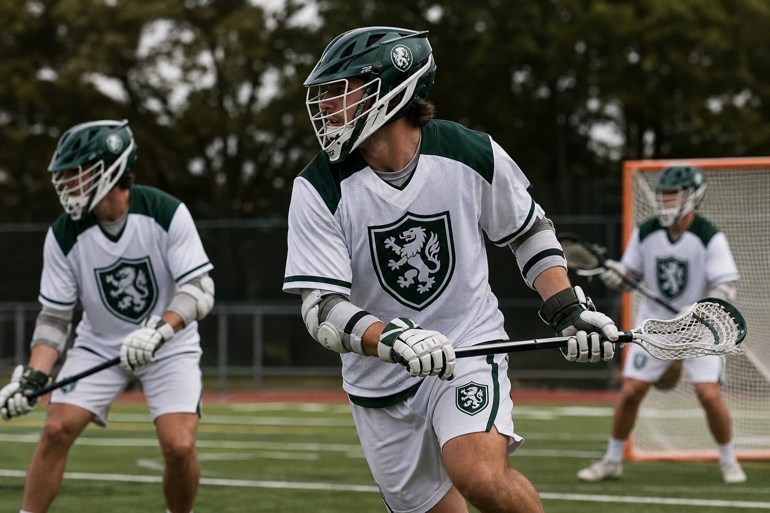 Lacrosse players in custom team jerseys on the field