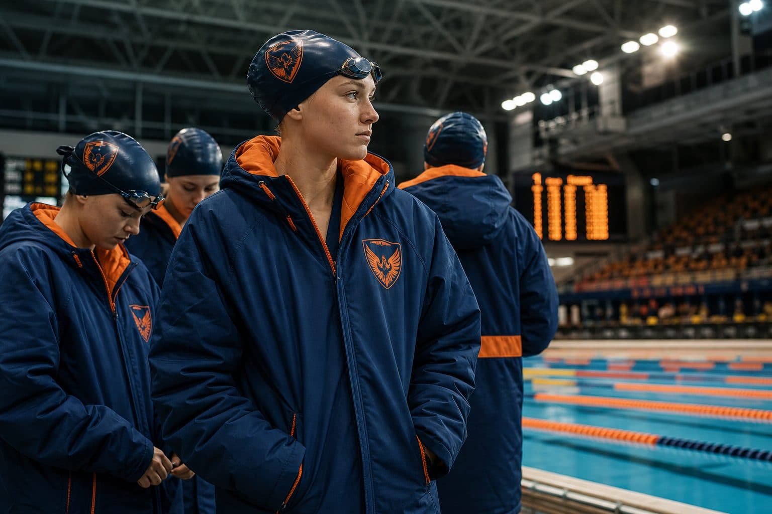 Swim team in matching warmups at a competition meet